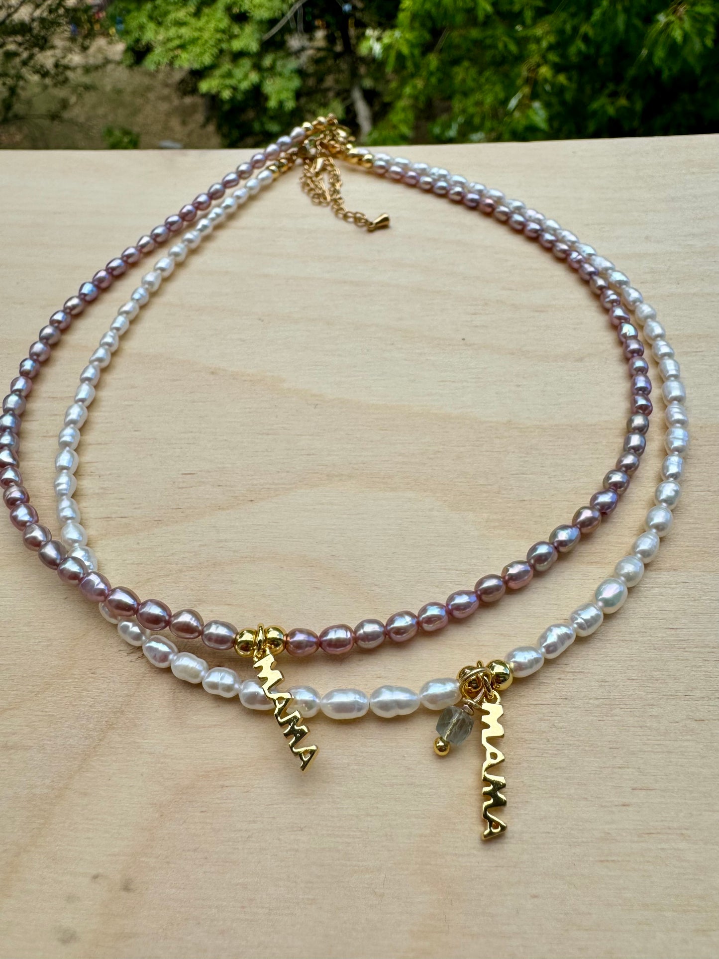 Pearl Necklace with “MAMA” Charm – 24K Gold Plated - white