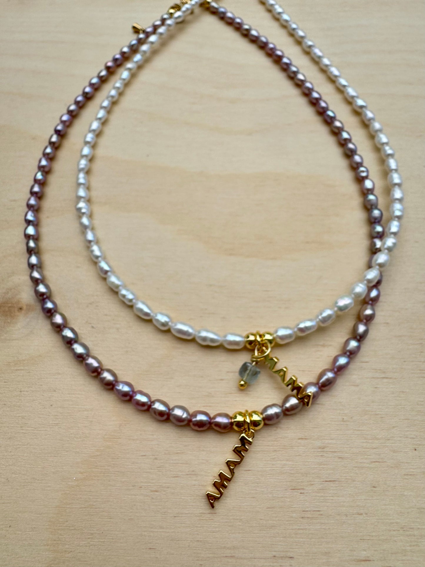 Pearl Necklace with “MAMA” Charm – 24K Gold Plated - white