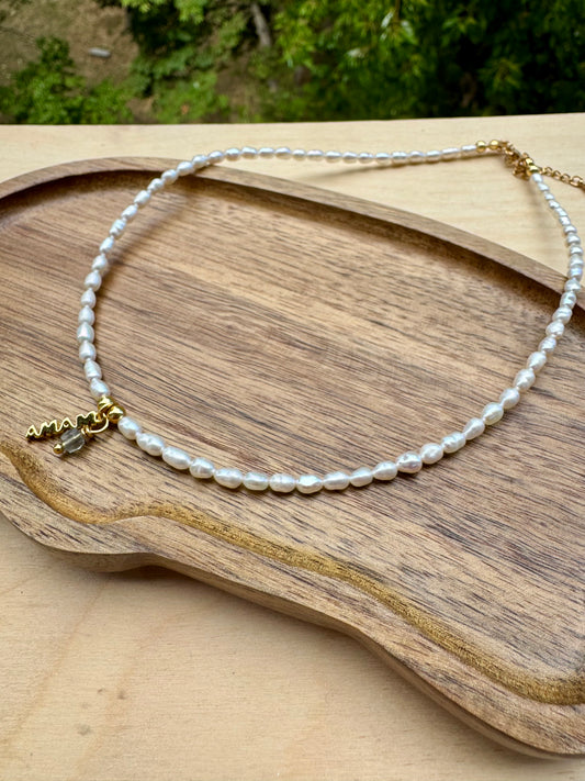 Pearl Necklace with “MAMA” Charm – 24K Gold Plated - white