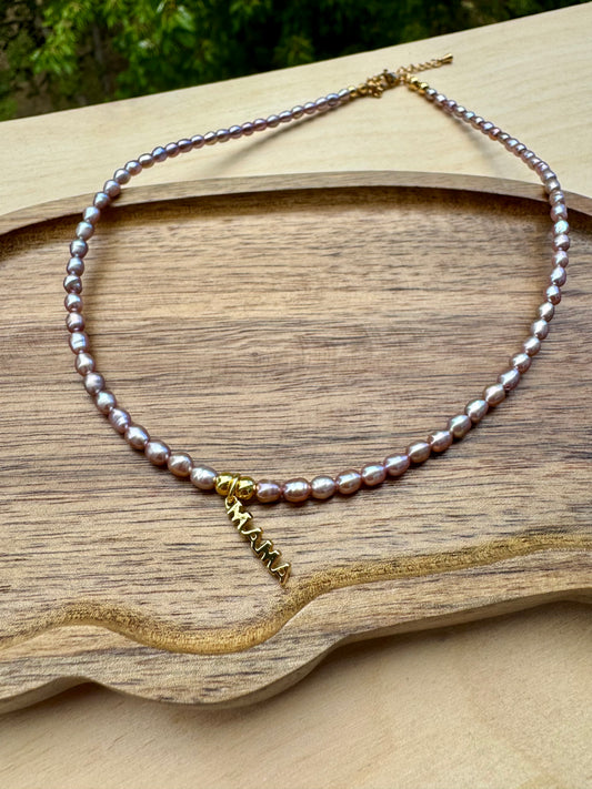 Pearl Necklace with “MAMA” Charm – 24K Gold Plated - Purple