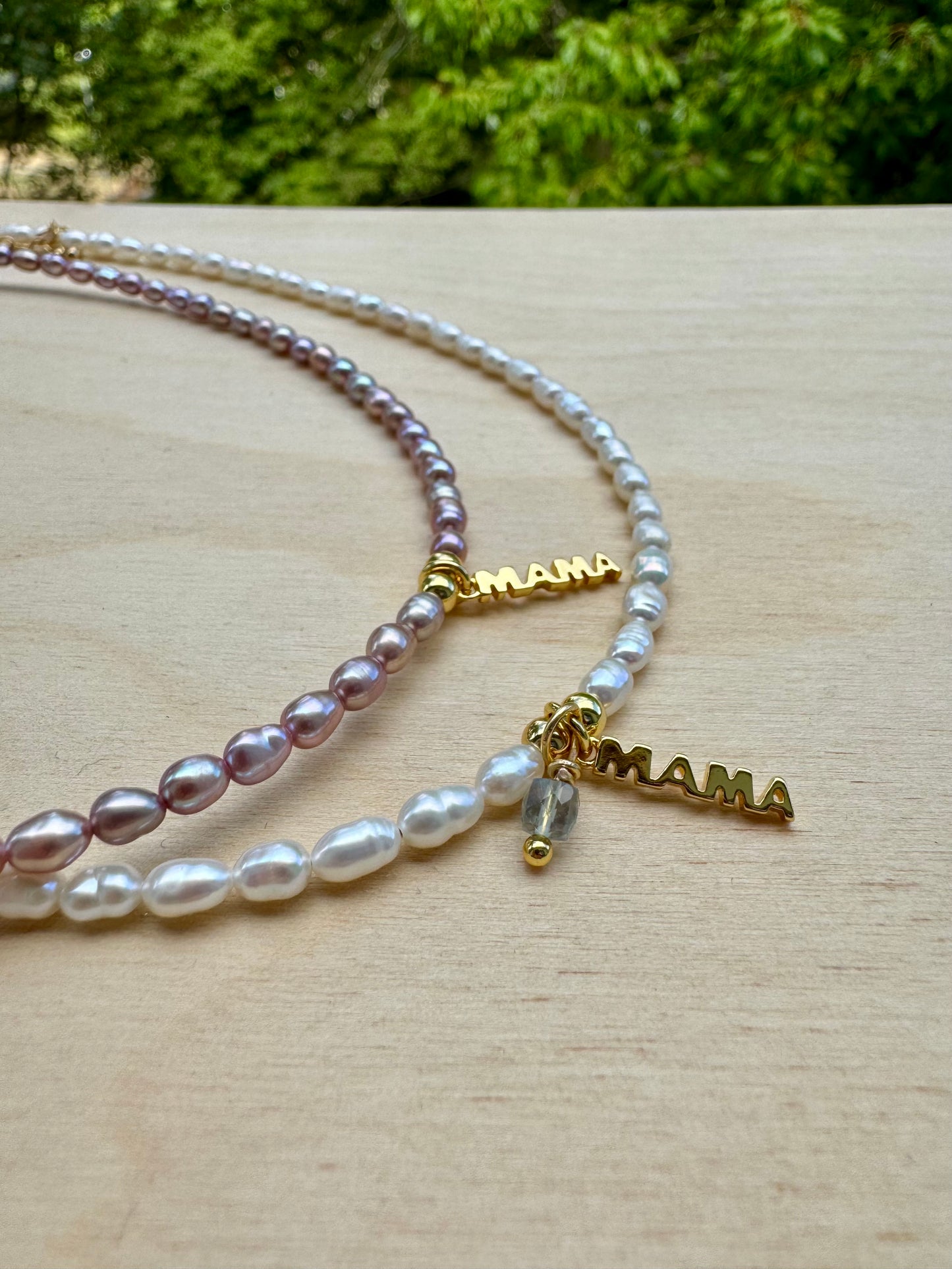 Pearl Necklace with “MAMA” Charm – 24K Gold Plated - Purple